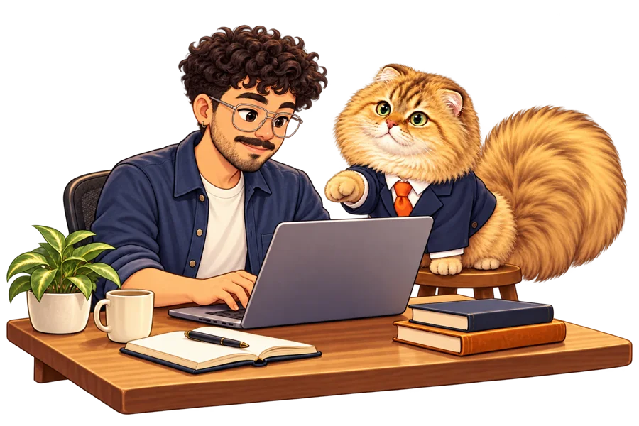 An illustrated Chris with curly hair, glasses and a beard working at a laptop while suited Nozomi supervises